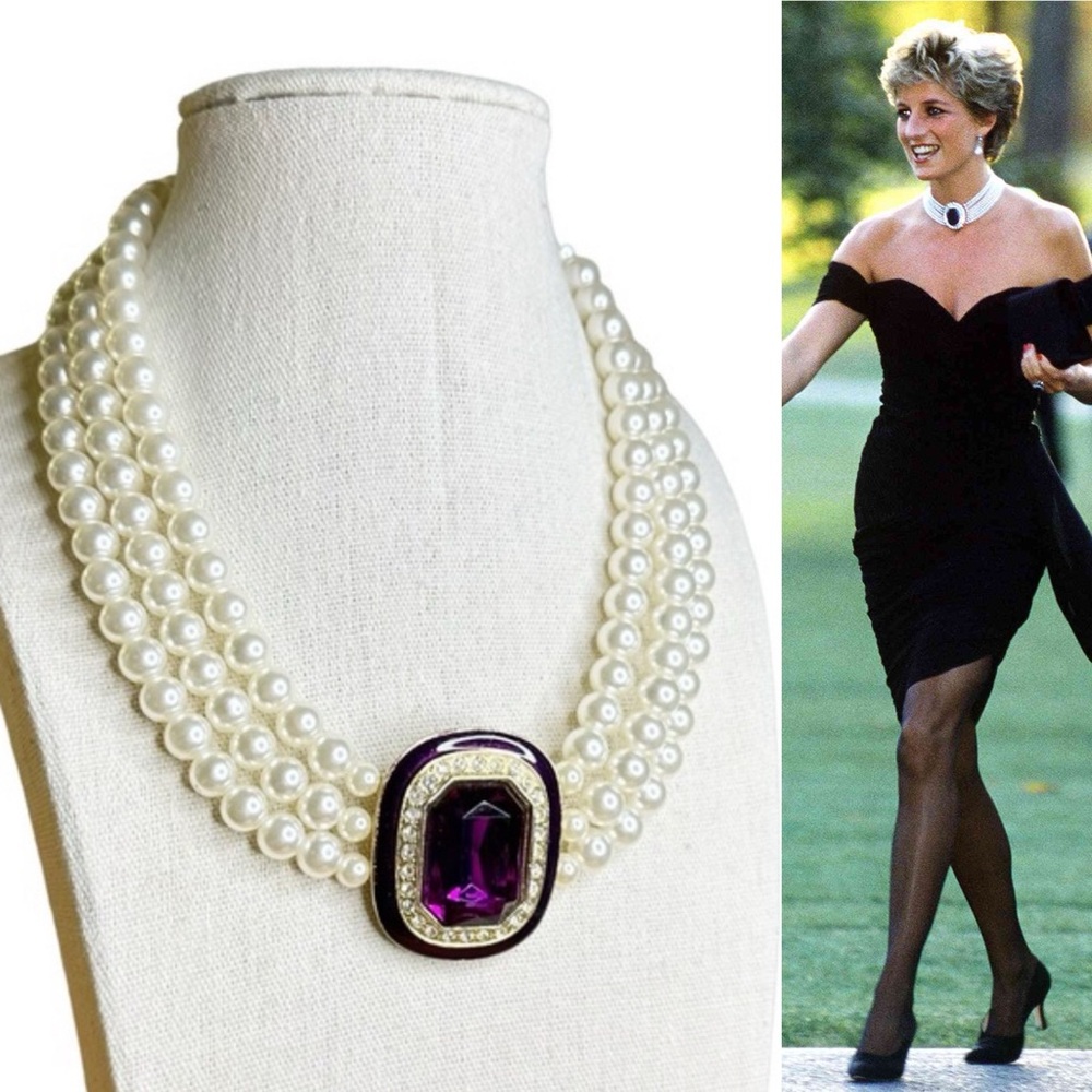Vintage 90s Glass Faux Pearl Purple Glass Faceted Pendant 3 Strand Necklace
